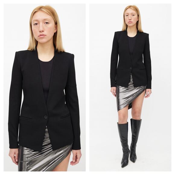 Helmut Lang Black Single Button Collarless Blazer Size 6 Chic Mid-2000s Wool